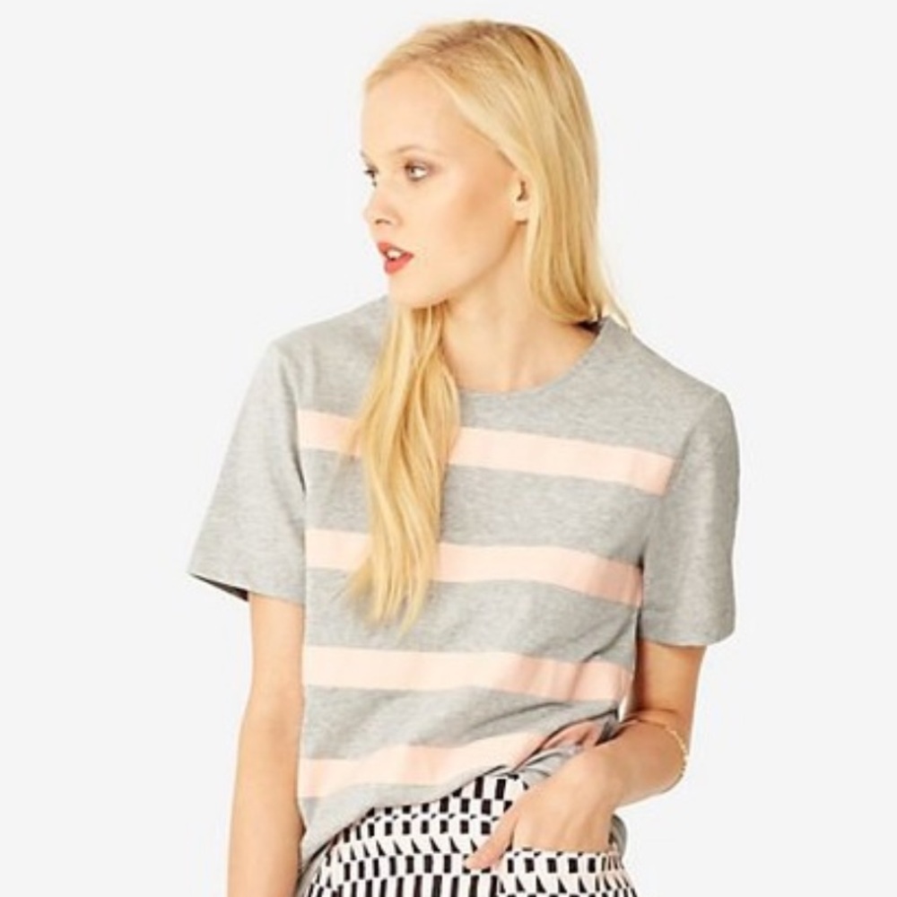 Kate Spade Saturday Gray Short Sleeve Top Pink Grosgrain ribbon stripe tee XS